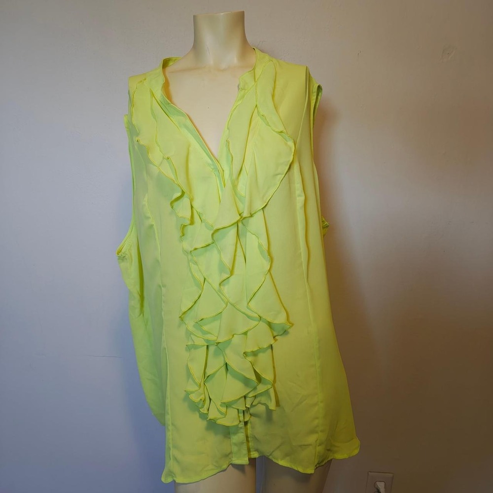 Cato Woman Neon Yellow Lime Ruffle Sleeveless V-Neck Blouse Top Plus Size 26/28W